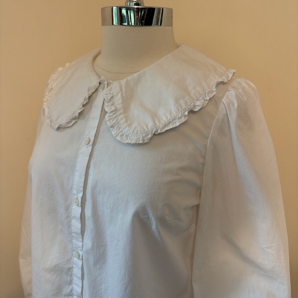 SOLD J. Crew White Ruffle Collar Button Up Shirt Size 6 - Picture 2 of 8